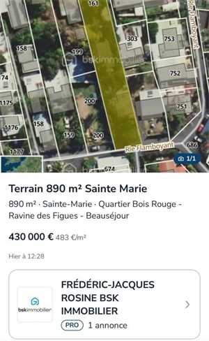 terrain à la vente -   97438  SAINTE MARIE, surface 890 m2 vente terrain - UBI427108127